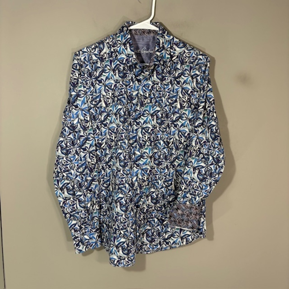 Robert Graham Shirt Mens S Blue Floral Long Sleeve Button Up Cotton Flip Cuff